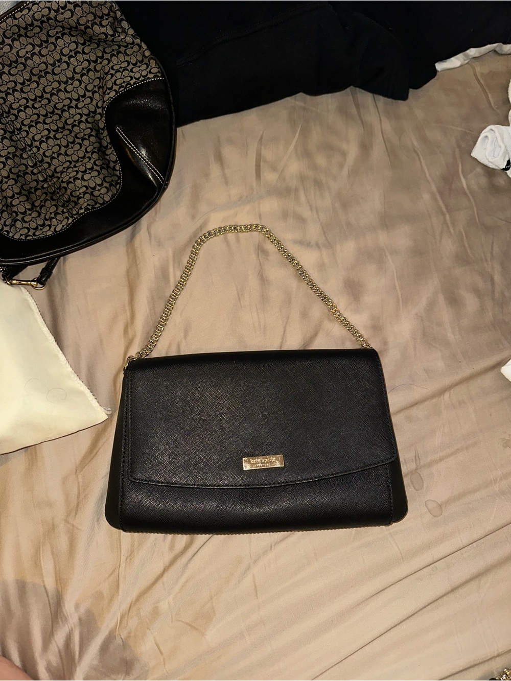 kate spade Black Leather Crossbody Bag with Gold Chain